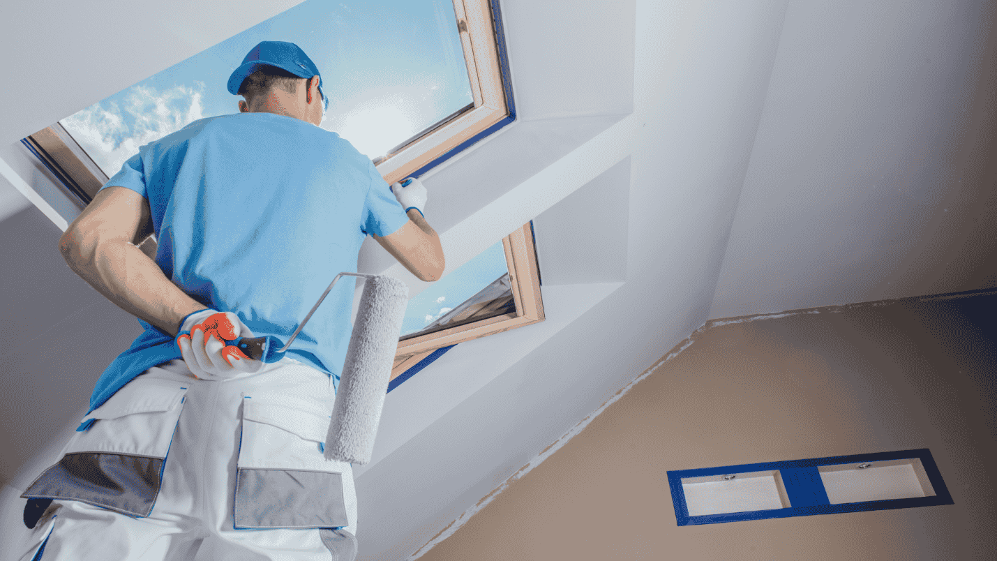 The ceiling of a commercial building is being painted white.